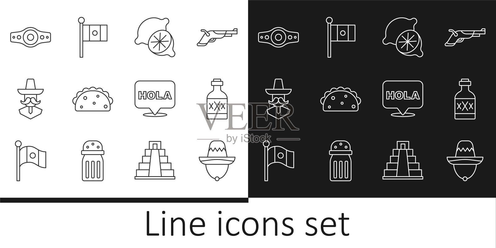 设置线墨西哥宽边帽，龙舌兰瓶，酸橙，墨西哥玉米卷，男人，摔跤冠军腰带，Hola和墨西哥国旗图标。向量图标素材