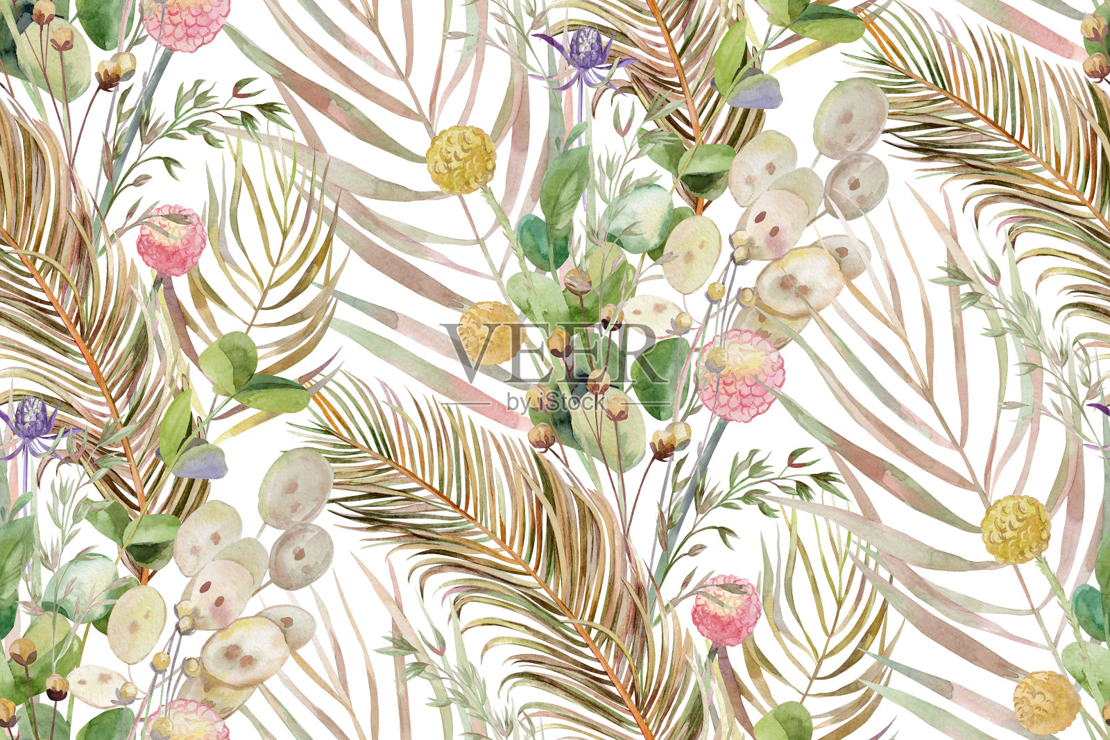 无缝模式与草药和棕榈叶和波西米亚风格的热带树叶插画图片素材