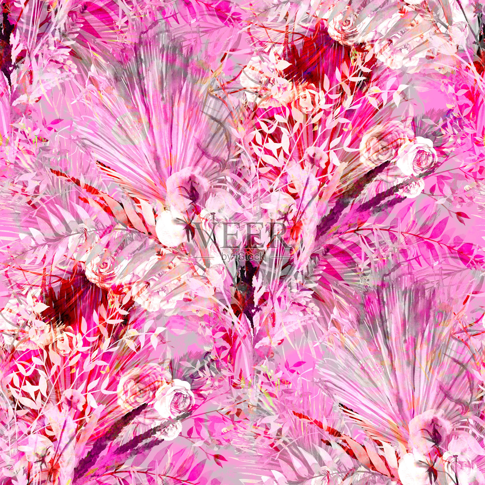 层次感的粉红色混合热带轮廓无缝模式和夏季设计插画图片素材