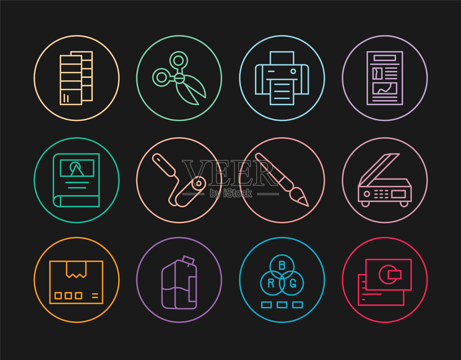 设置线名片，扫描仪，打印机，油漆滚筒刷，相册画廊，潘通，剪刀图标。向量图标素材