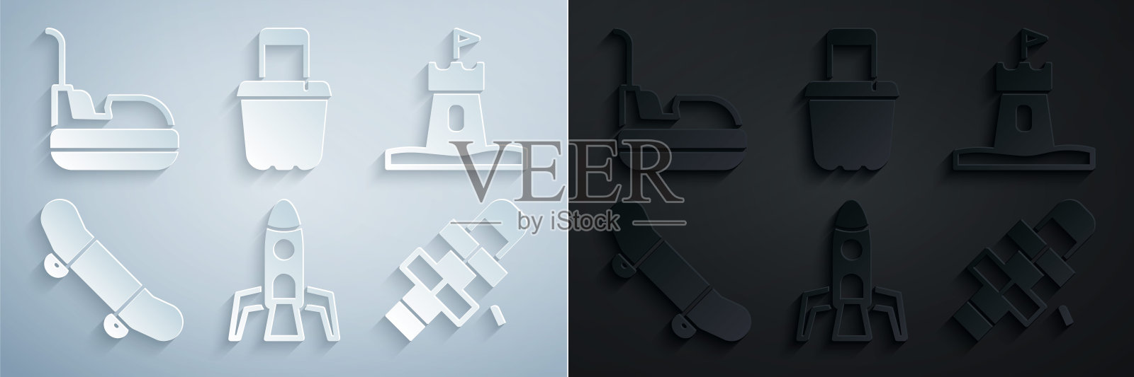 设置火箭船，沙塔，滑板把戏，跳房子，在桶和碰碰车图标。向量图标素材