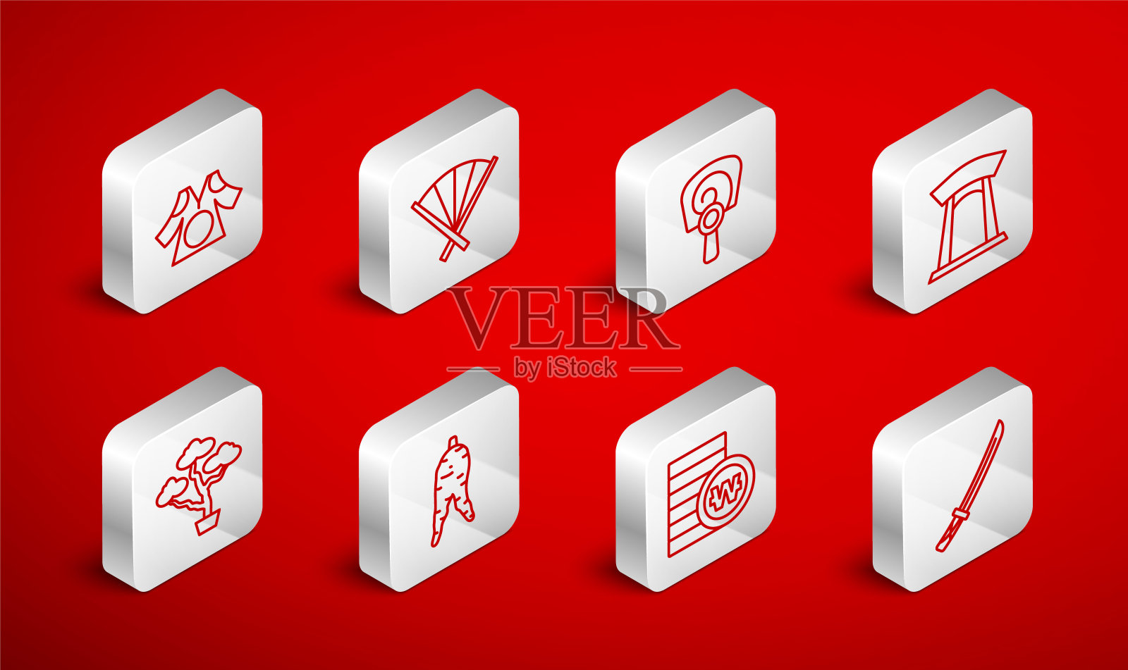 设置线武士刀，传统扇，韩式手，门，南方赢币，和服，人参根和盆景树图标。向量图标素材