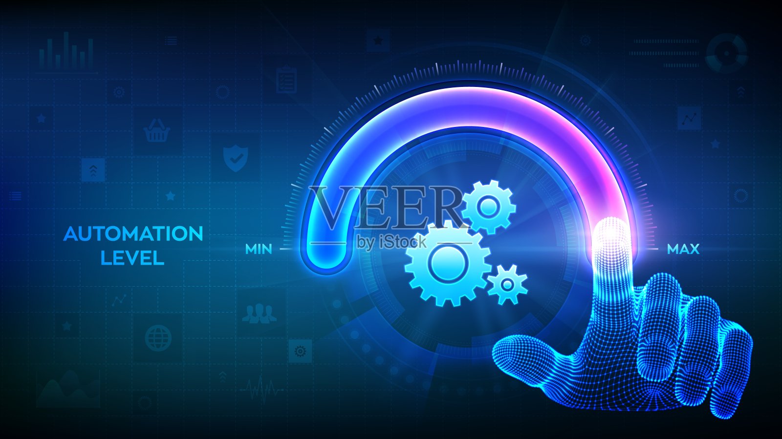 提高自动化水平。RPA机器人过程自动化创新技术概念。线框手拉到齿轮图标的最大位置圆进度条。向量。插画图片素材