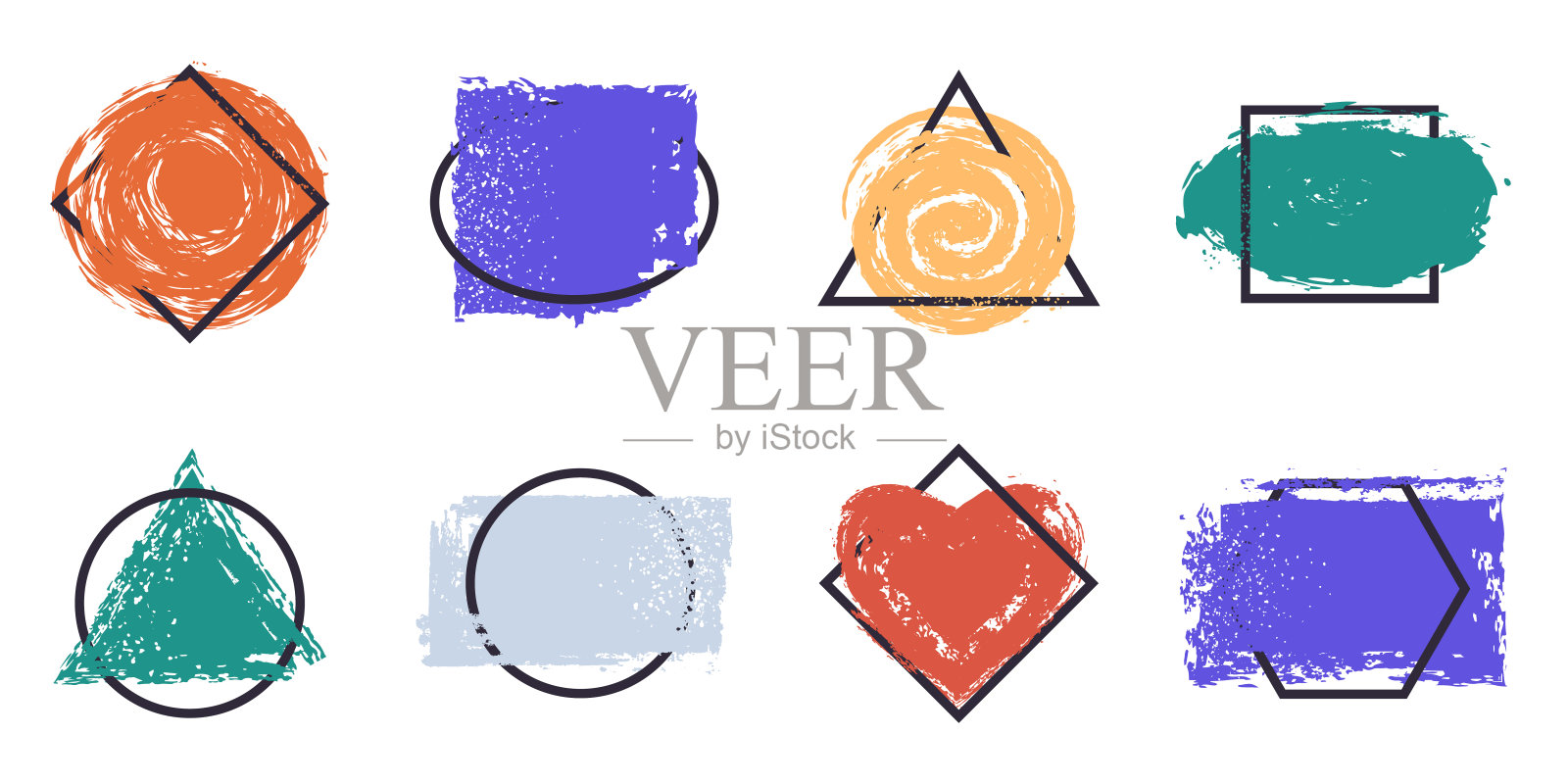 油漆溅框。墨水飞溅边界，抽象垃圾几何框架。脏刷滴帧轮廓平面矢量插图集插画图片素材