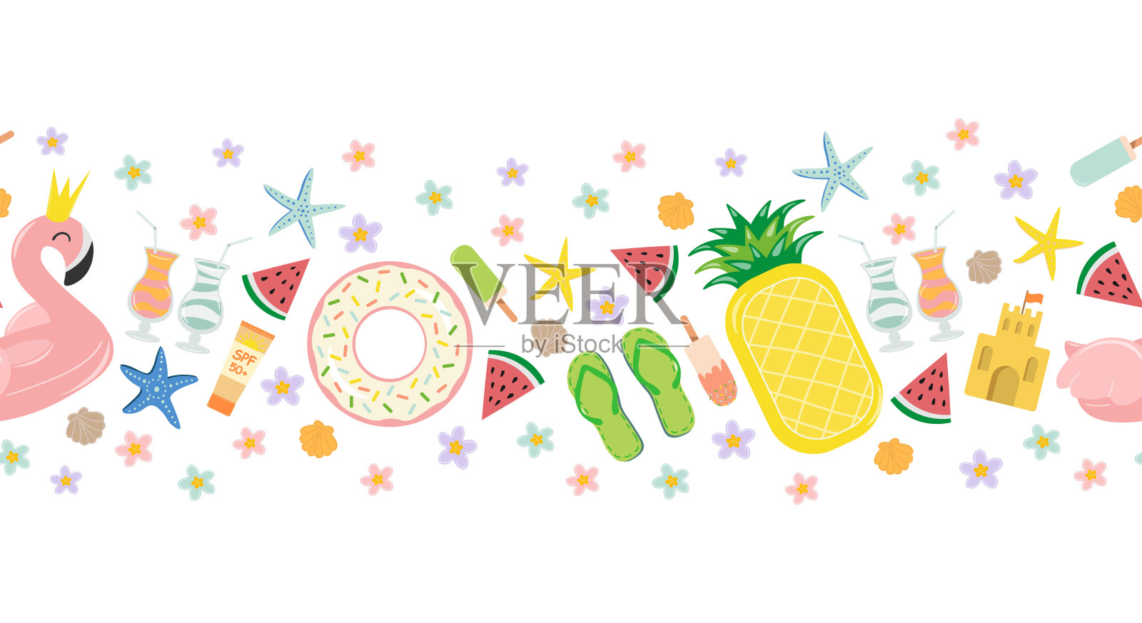 明亮的无缝水平图案与夏季海滩元素插画图片素材