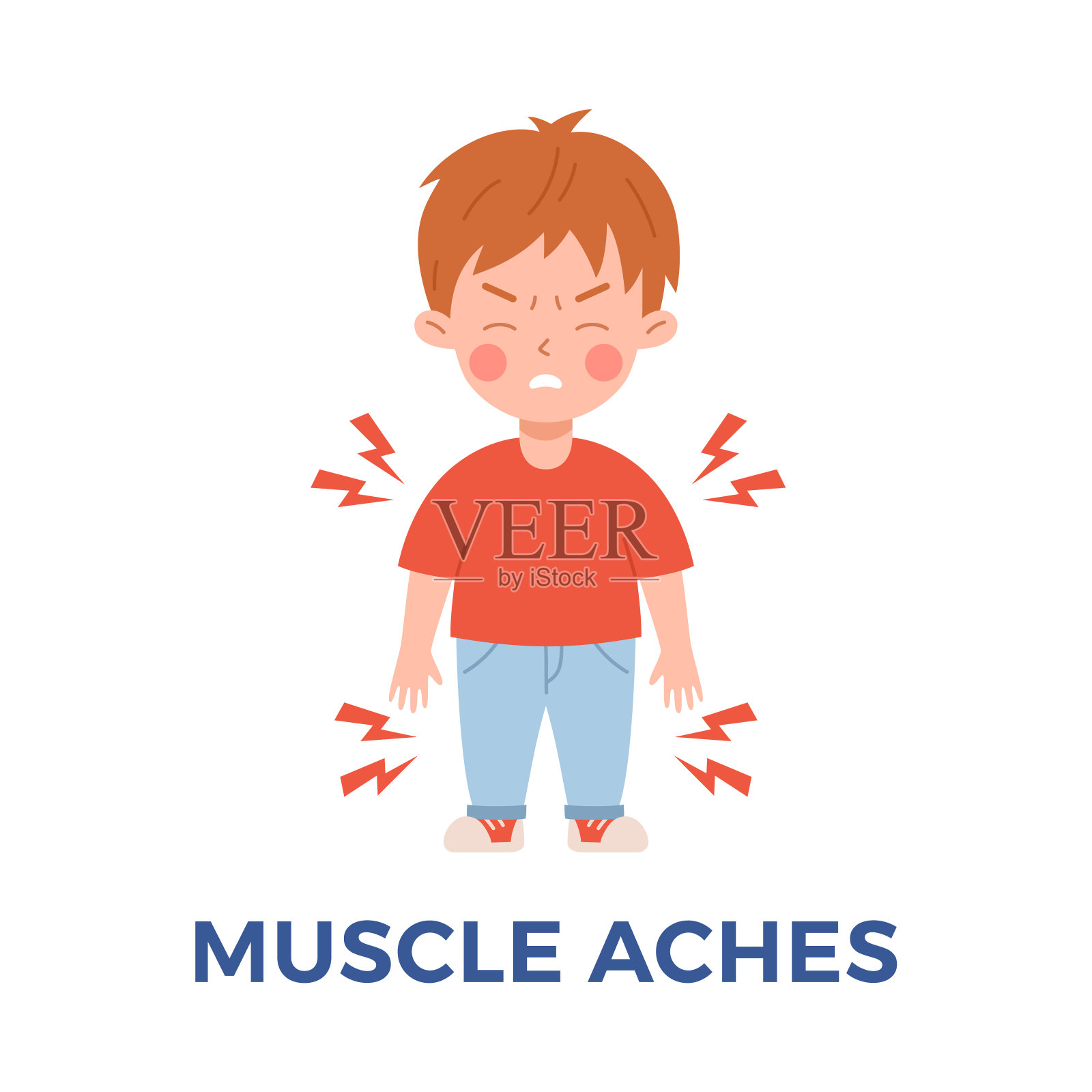 患有肌肉疼痛的儿童，平面矢量插图孤立在白色背景上。有流感、流感或感冒症状的男孩。呼吸道疾病症状。插画图片素材