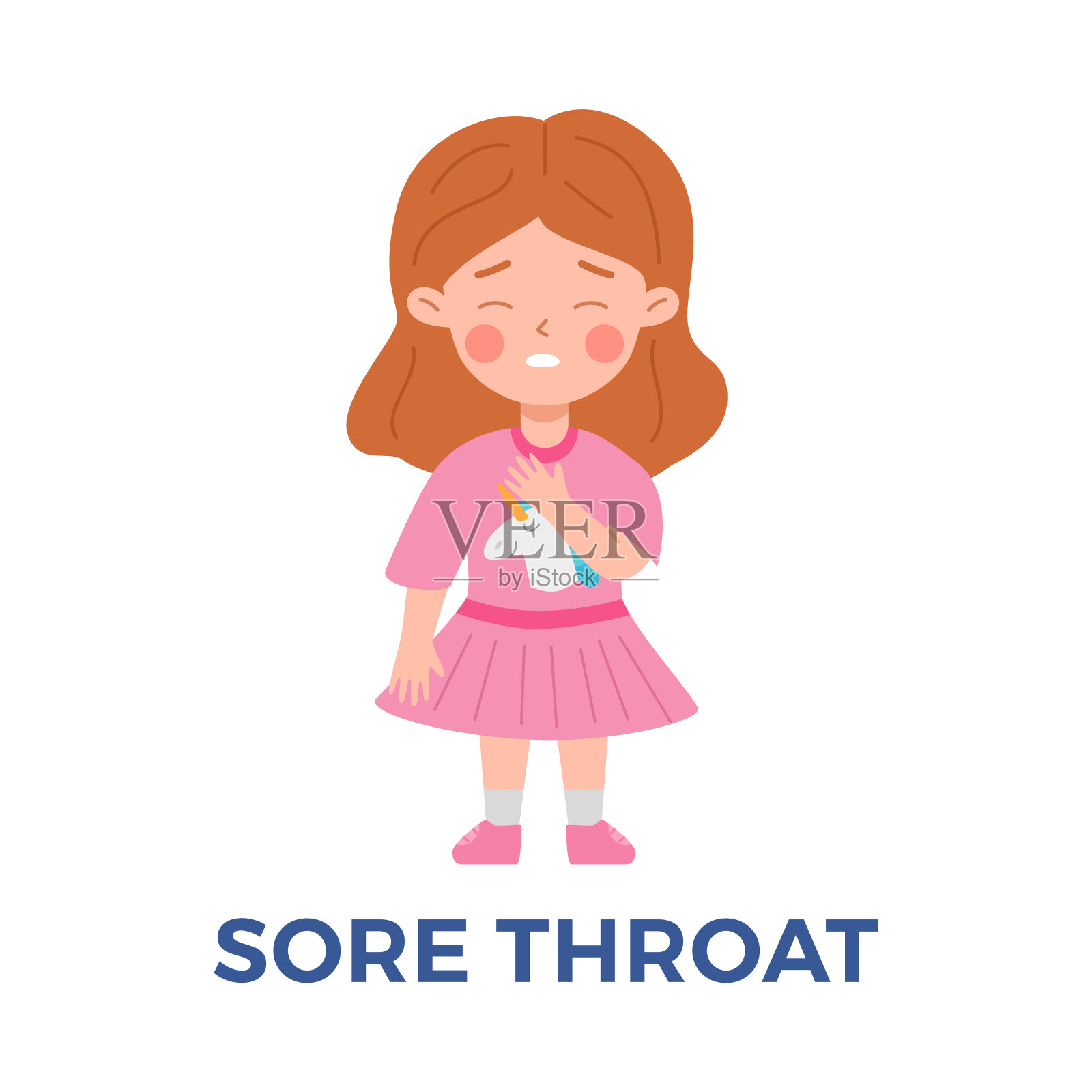 心烦意乱的小女孩穿着粉红色的连衣裙，喉咙痛扁平风格插画图片素材