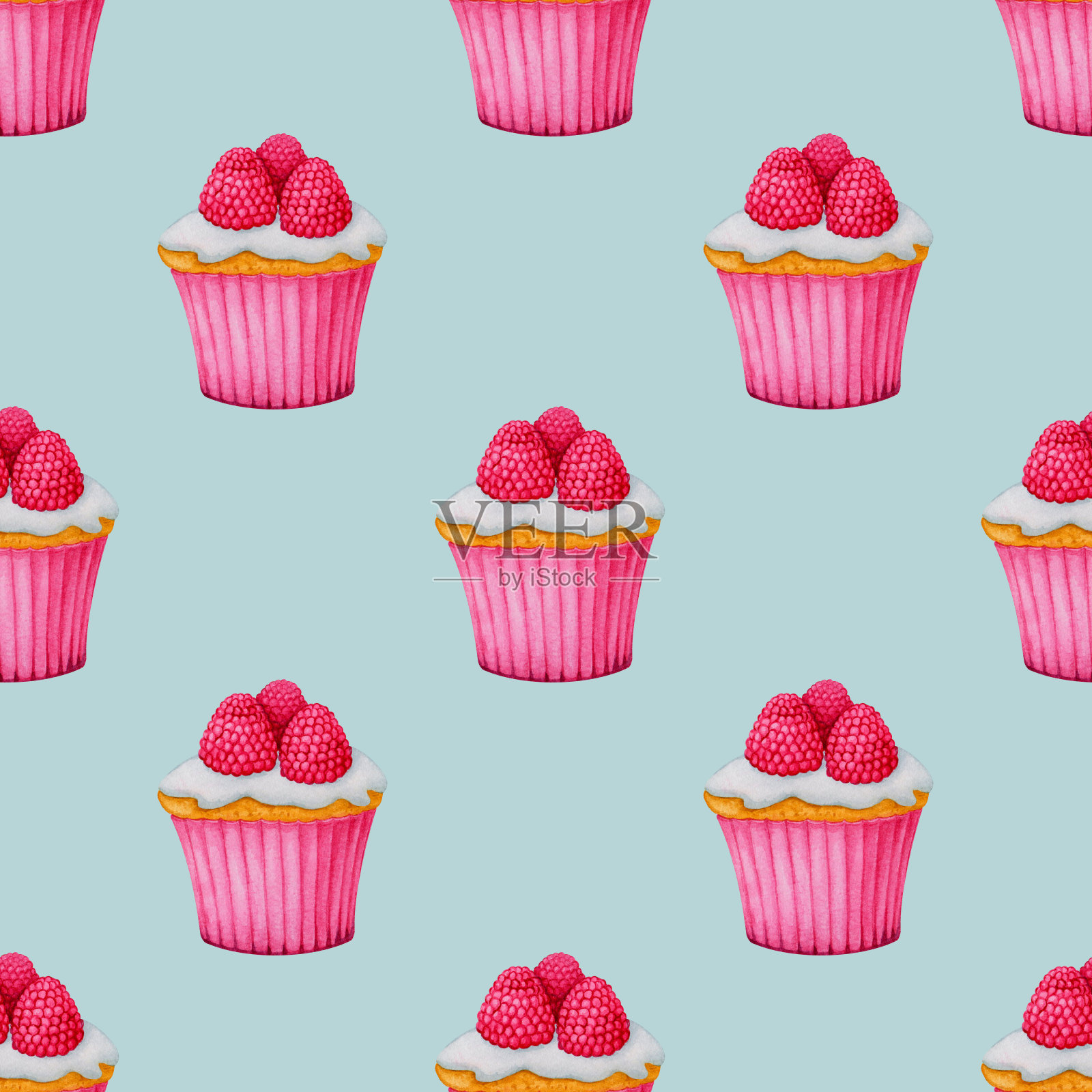 无缝模式与纸杯蛋糕的蓝色背景。情人节，生日，婚礼，周年纪念水彩设计。适用于印刷包装，包装，文具，织物，纺织品。插画图片素材