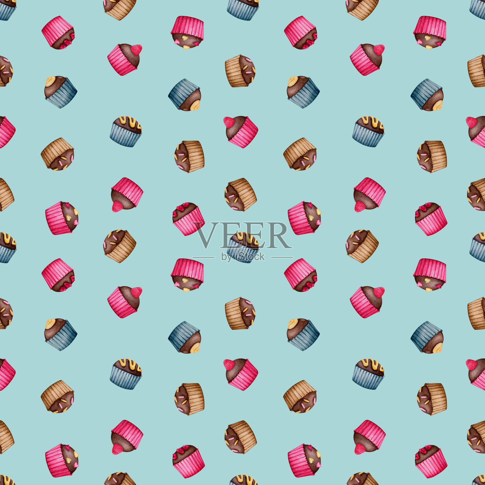 无缝模式与巧克力在蓝色背景。情人节，生日，婚礼，周年纪念水彩设计。适用于印刷包装，包装，文具，织物。插画图片素材