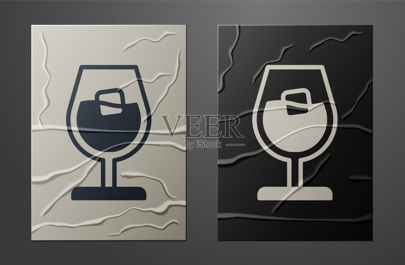 白葡萄酒杯图标孤立在皱巴巴的纸上插画图片素材