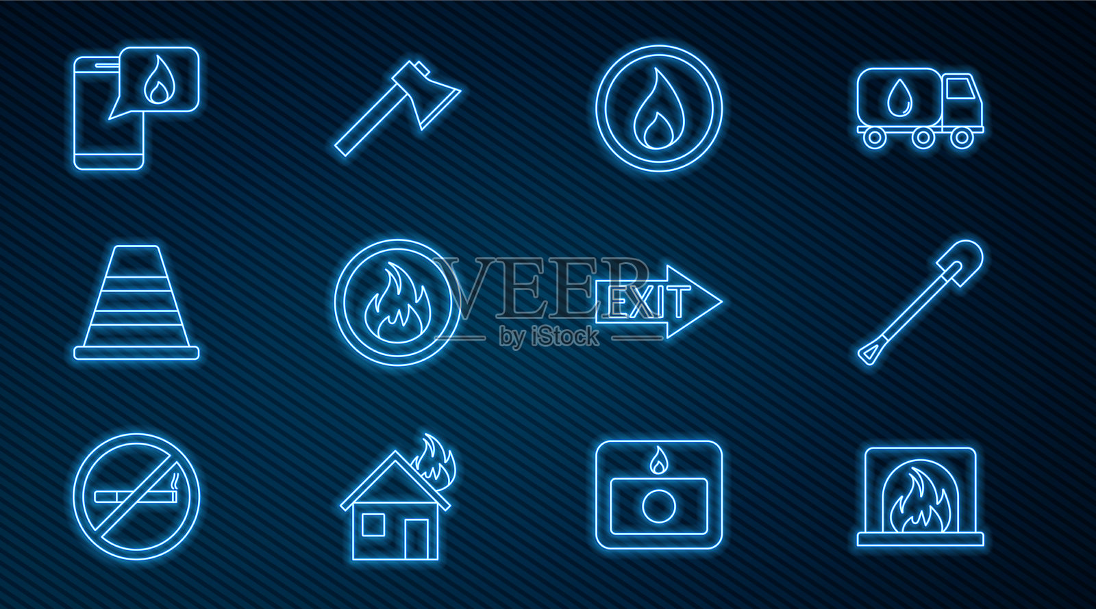 设置线内壁炉火铲火焰图标素材