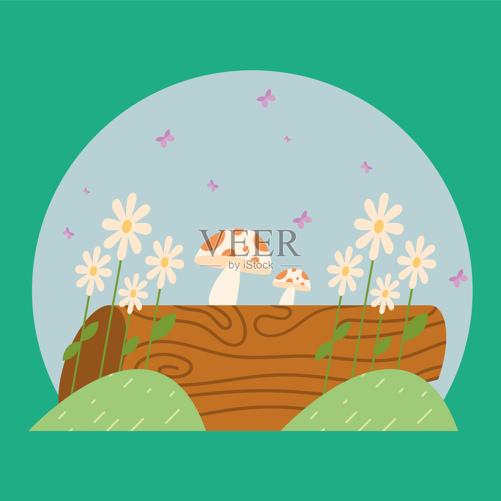 树干上有真菌和花插画图片素材