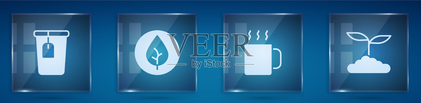 用茶袋和方形茶叶设置茶杯图标素材