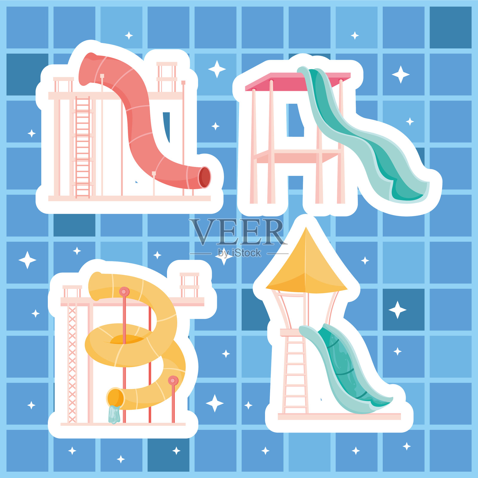 水上乐园滑梯风格各异插画图片素材