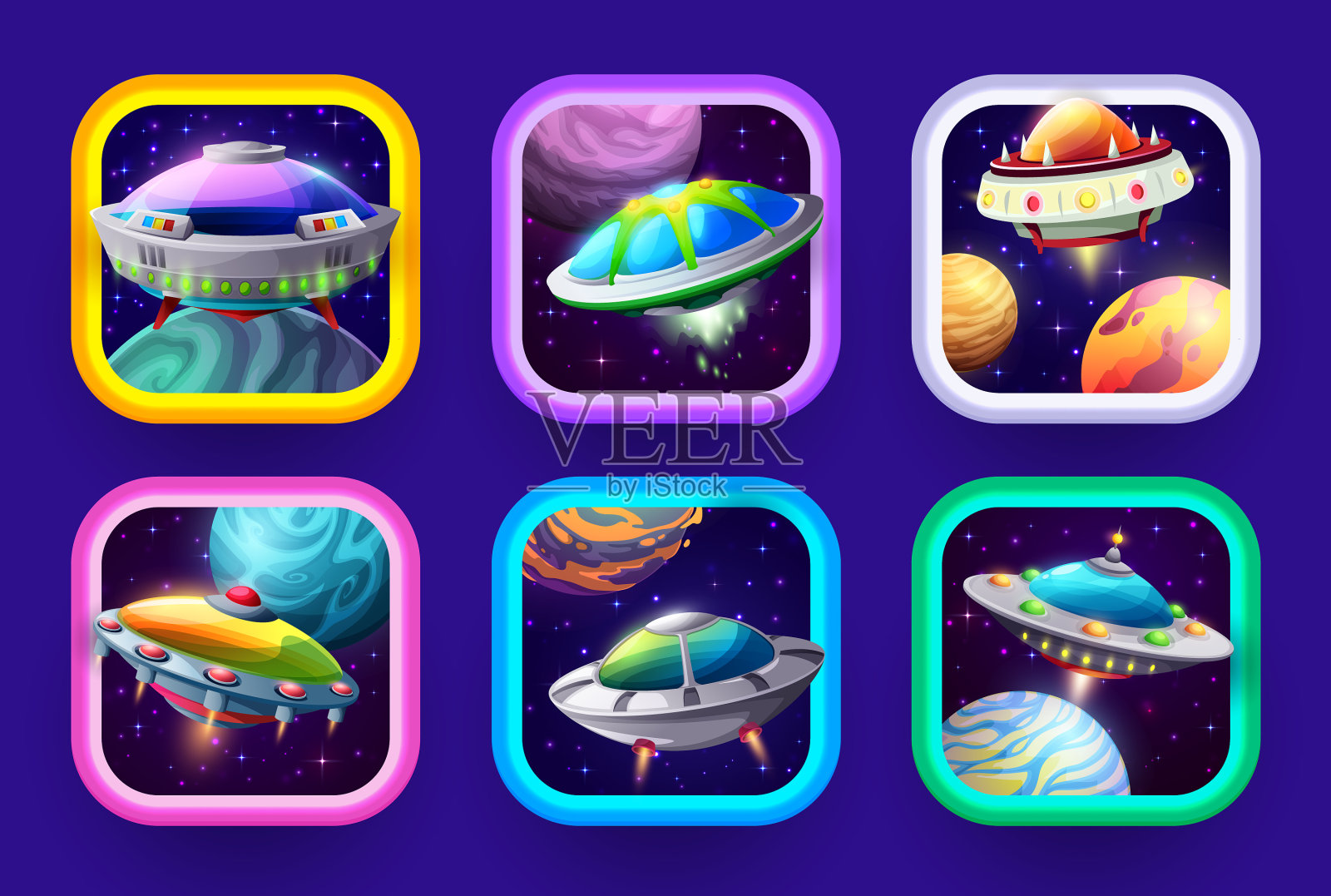 卡通空间游戏应用程序图标与不明飞行物星船插画图片素材