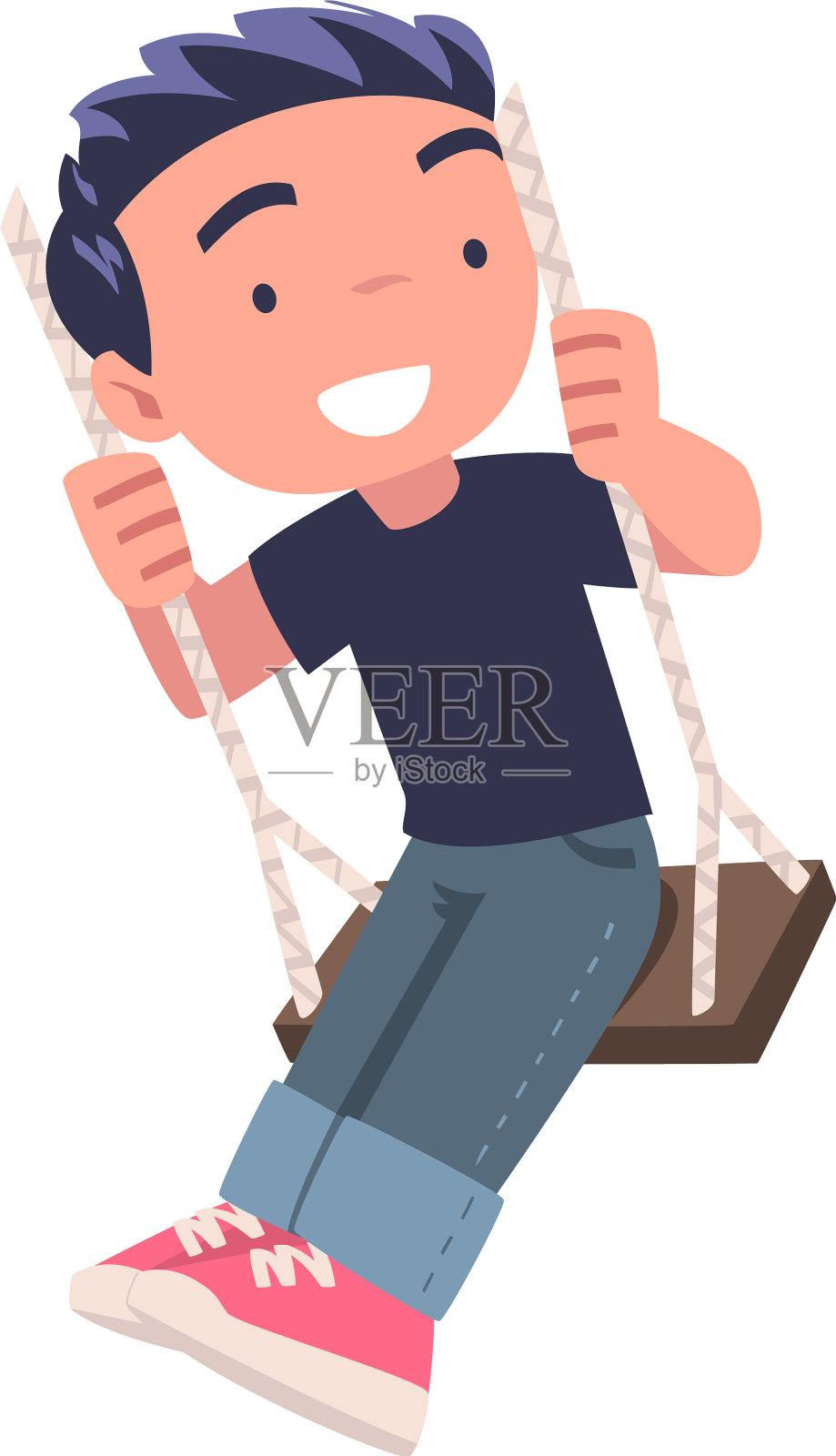 微笑的男孩在绳上荡秋千，快乐的孩子插画图片素材