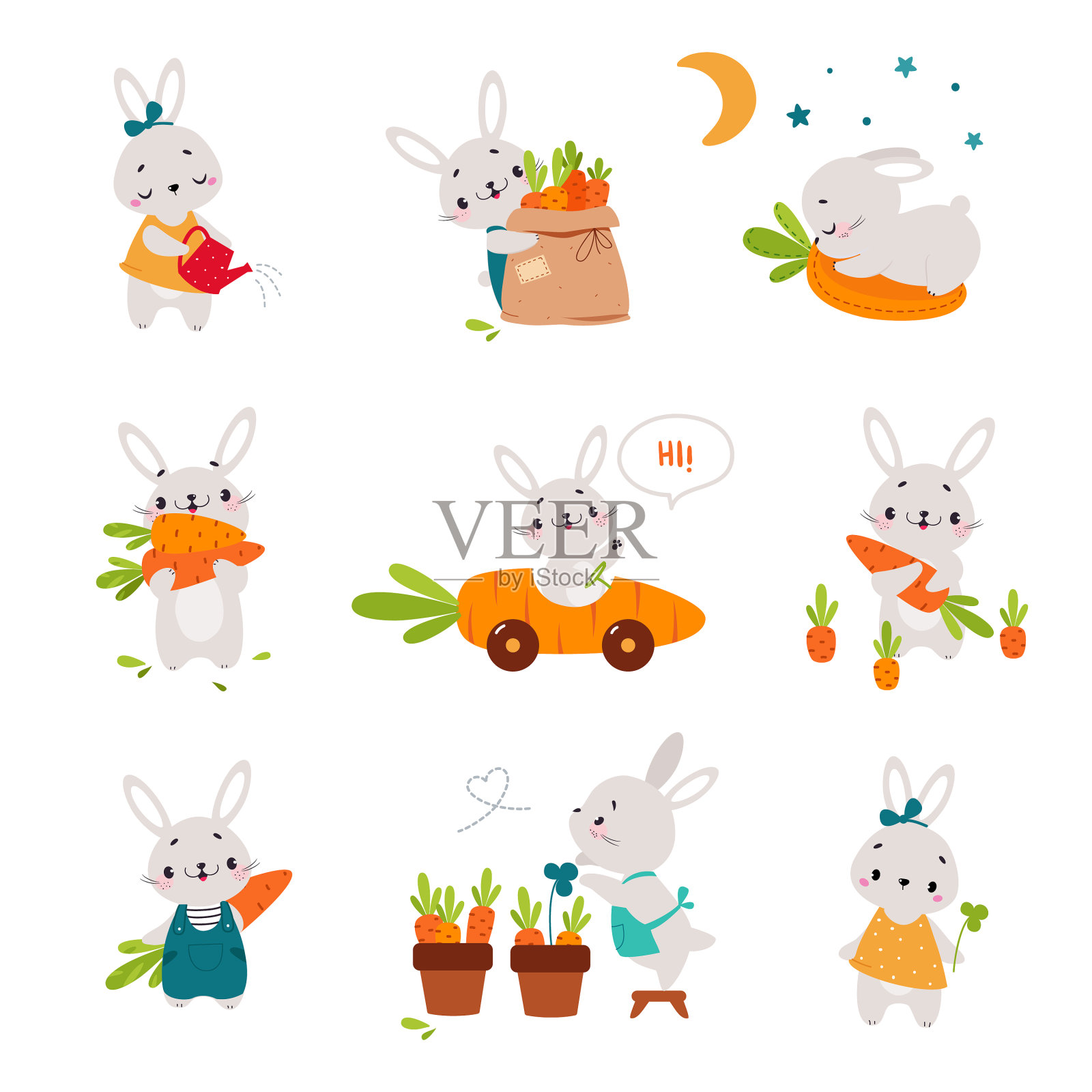 可爱的兔子人物与橙色胡萝卜作物插画图片素材