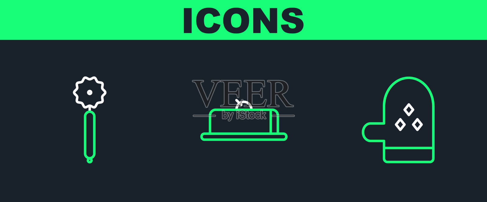 设置线烤箱手套披萨刀和草莓图标素材