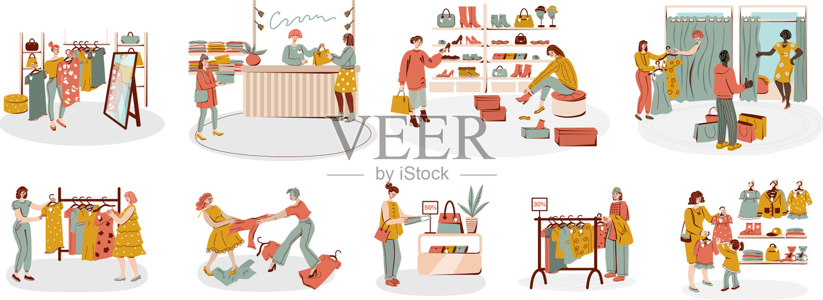 购物人群平面构图插画图片素材