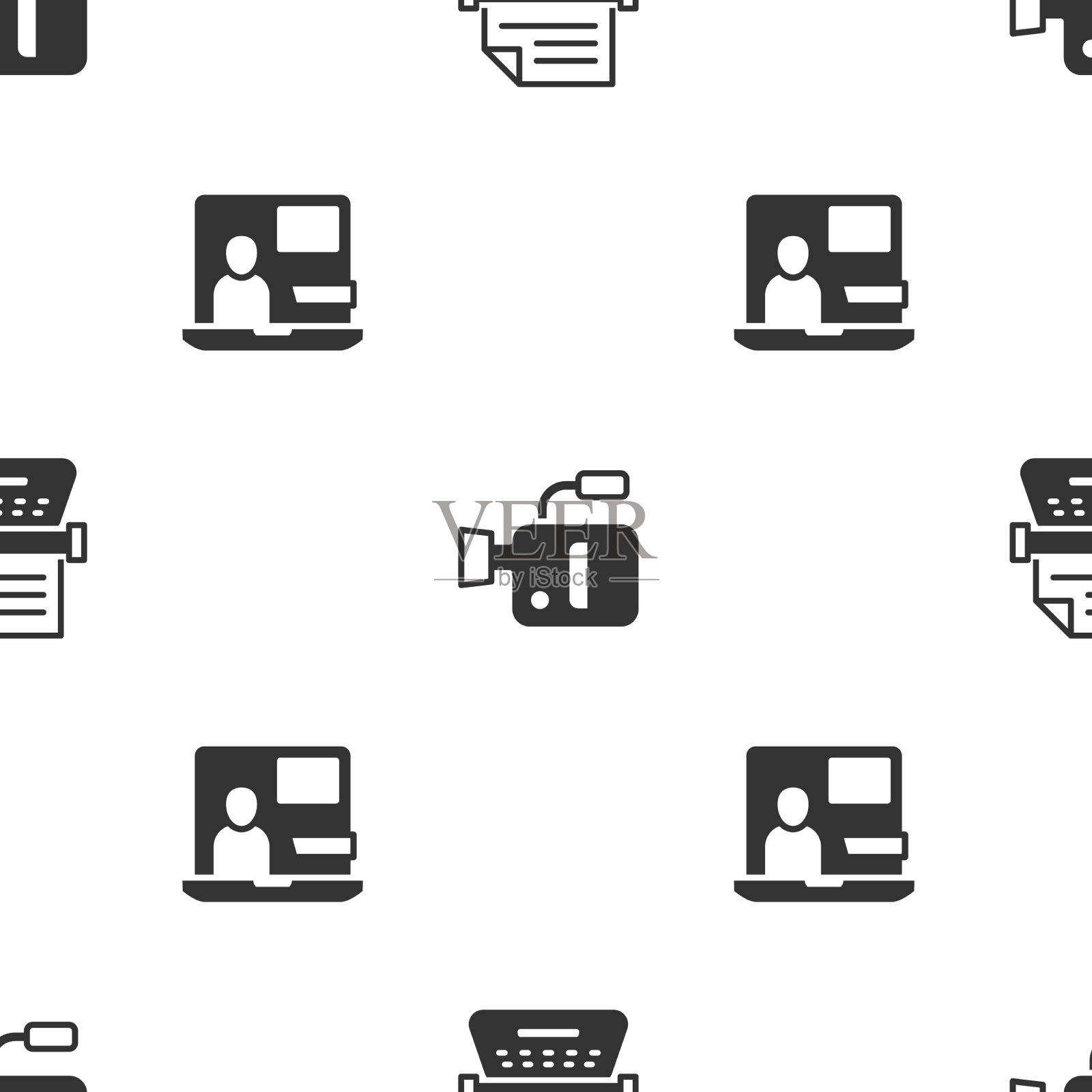 设置老式打字机、电影摄影机和世界新闻图标素材