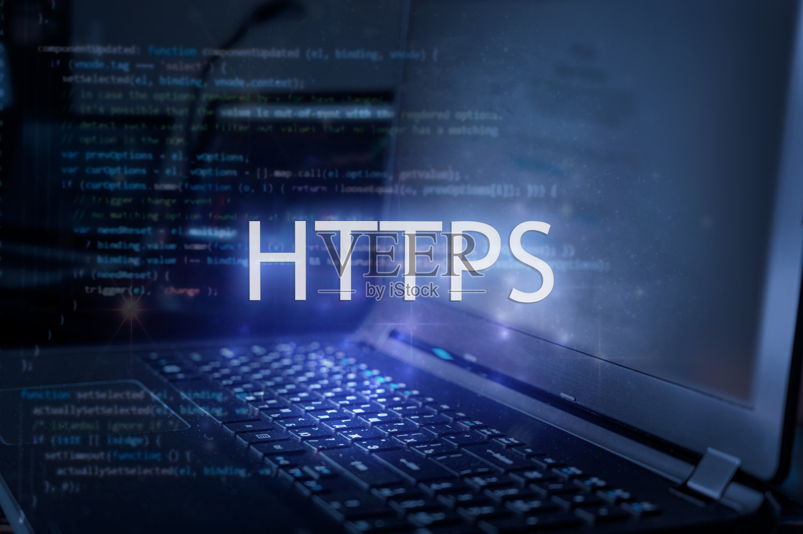 HTTPS铭文对笔记本电脑和代码背景。照片摄影图片