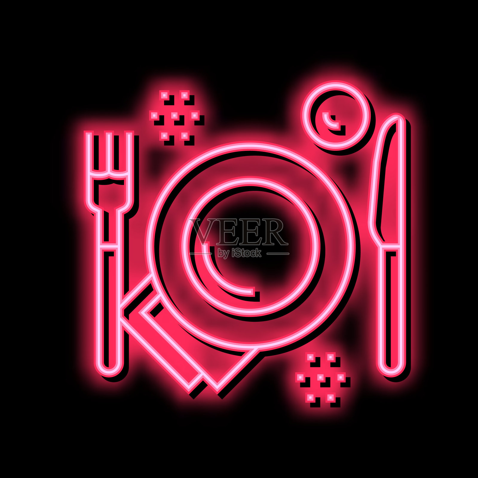 盘子，叉子和刀器皿霓虹灯发光图标说明插画图片素材