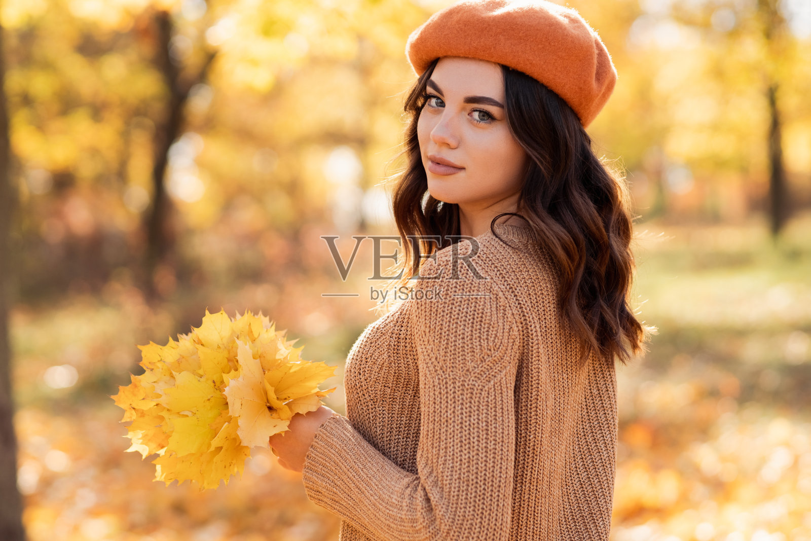 可爱的笑脸女人的肖像抱着秋天的树叶在公园散步。照片摄影图片
