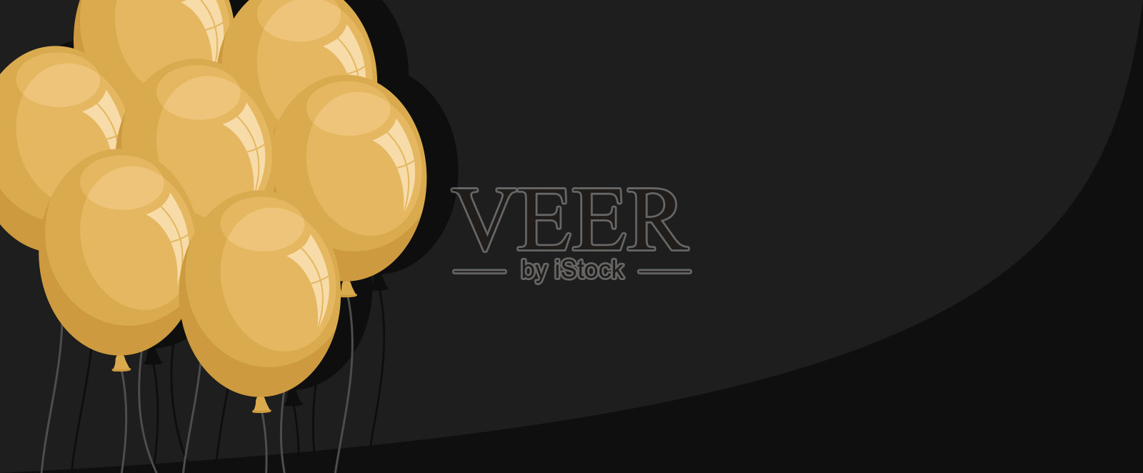 金色气球在黑色背景复制空间。节日的旗帜。平面矢量图插画图片素材