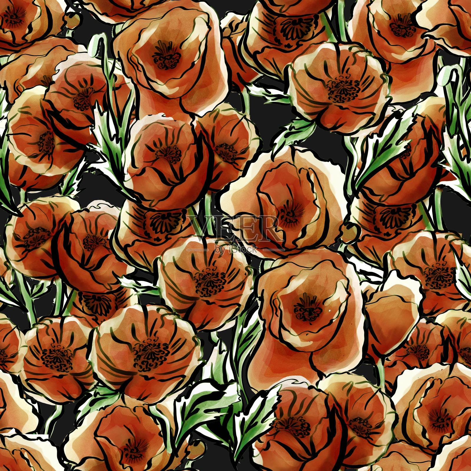 植物无缝模式与橙色玫瑰插画图片素材