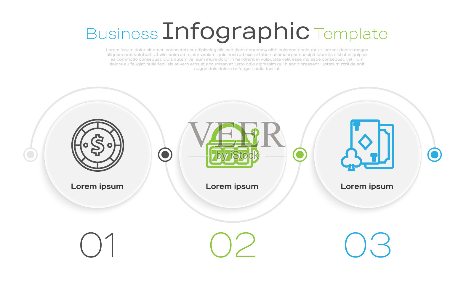 套线赌场筹码与美元，老虎机与幸运七头奖和扑克牌与钻石。业务信息图模板。向量设计模板素材