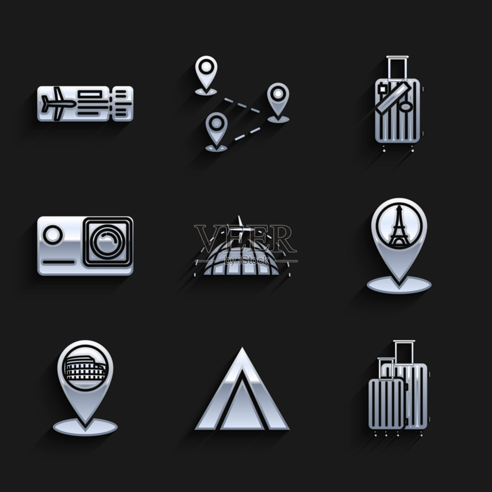 设置地球仪与飞行飞机游客帐篷图标素材