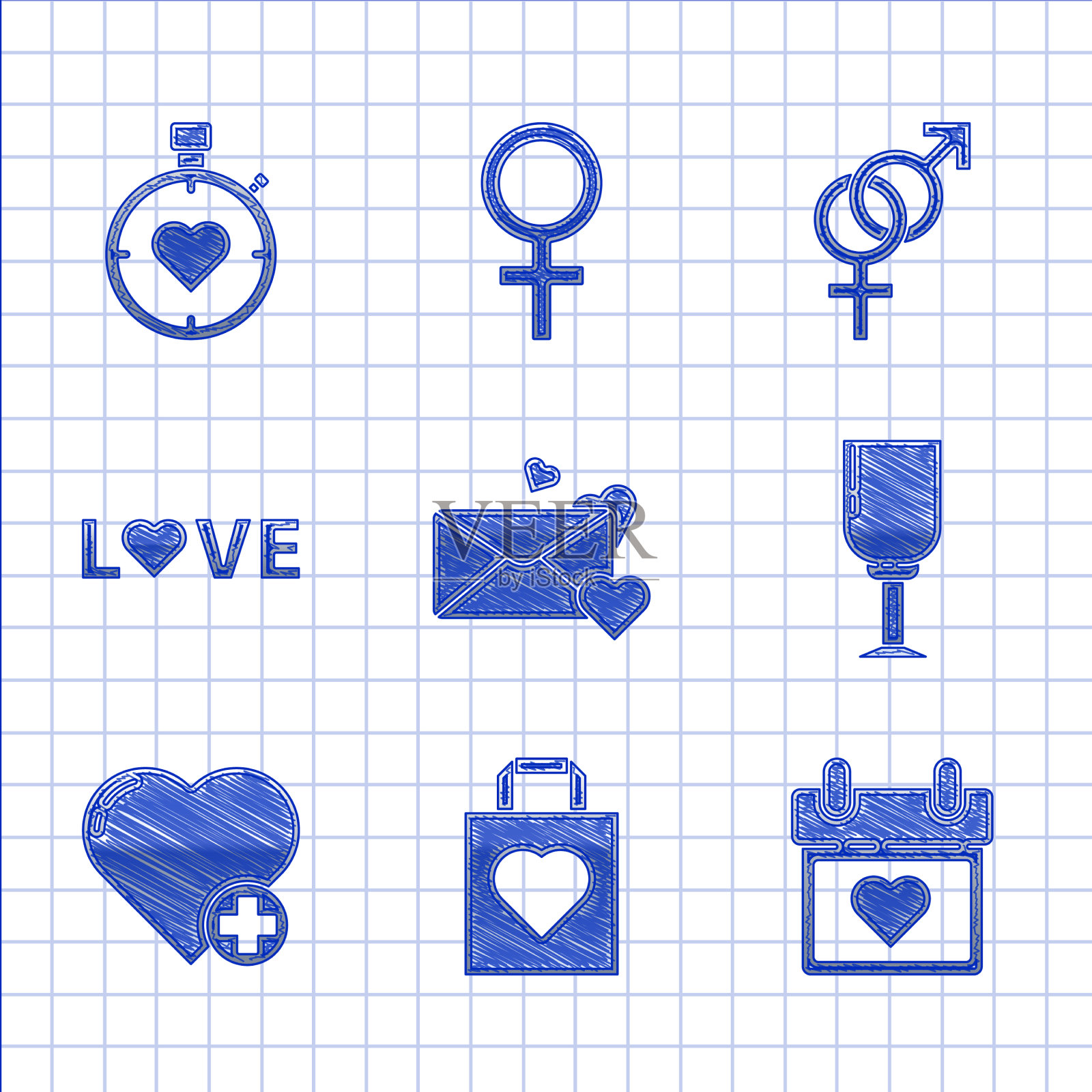 设置信封与心购物袋日历图标素材