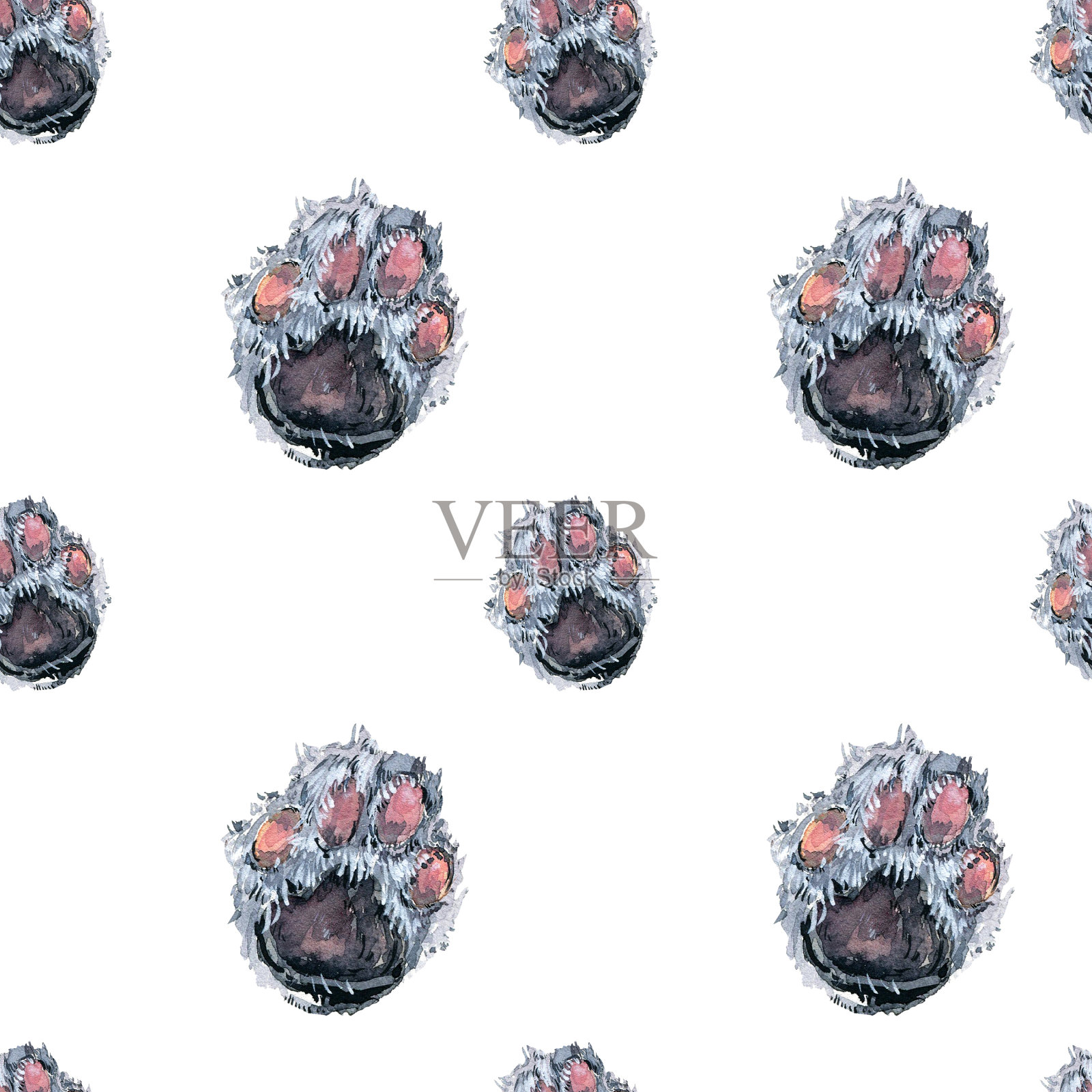 可爱的猫爪无缝图案。白底水彩画插画图片素材