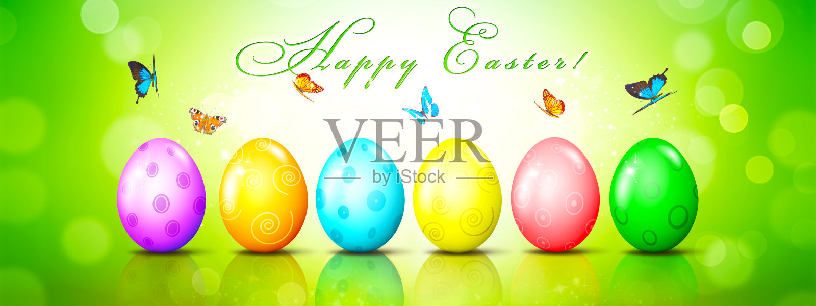 美丽的复活节背景与丰富多彩的复活节彩蛋。三维演示照片摄影图片