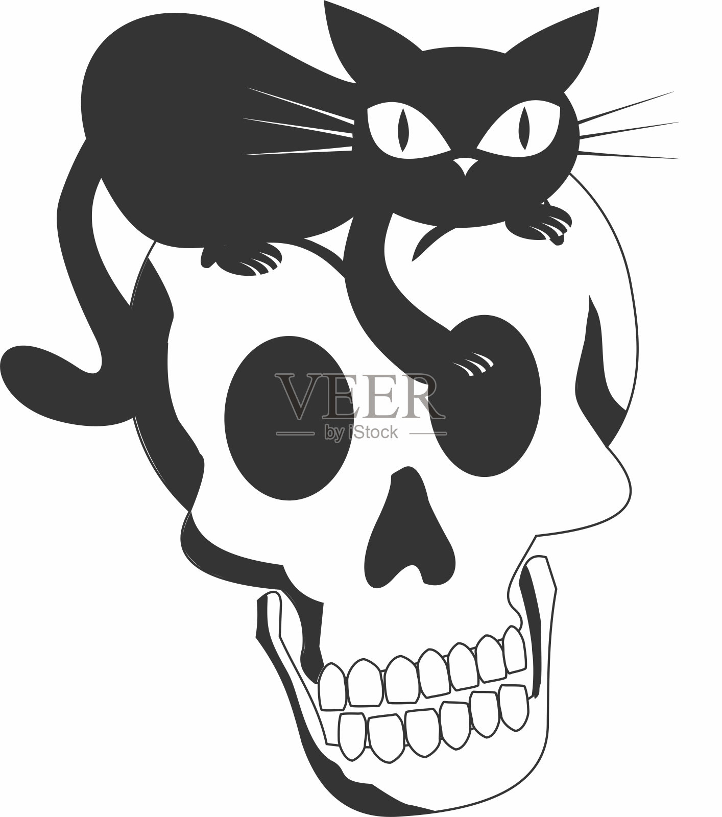 设计模板的黑猫顶部的头骨，黑白矢量插图。插画图片素材