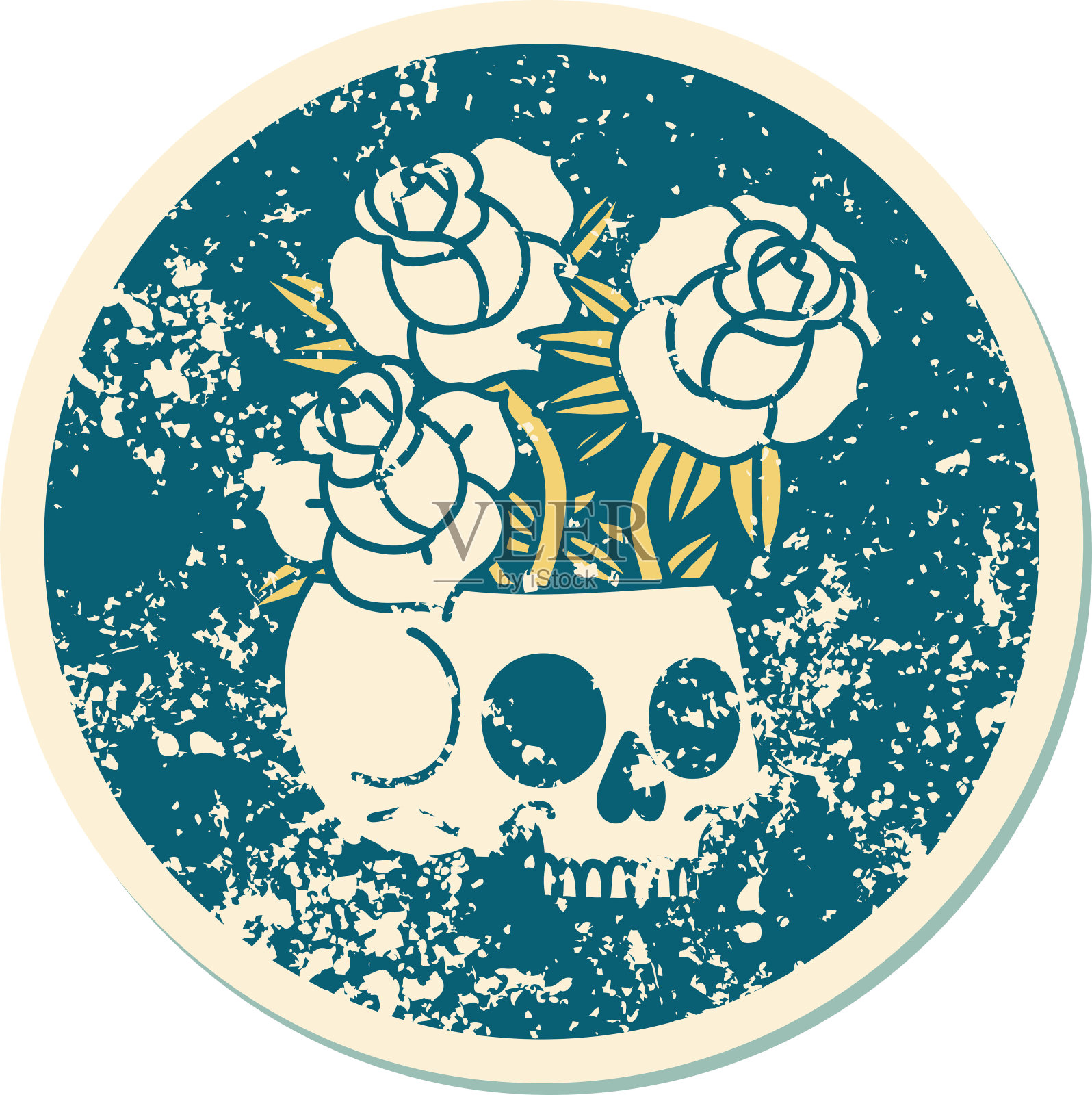 标志性的心疼贴纸纹身风格的头骨和玫瑰的形象插画图片素材