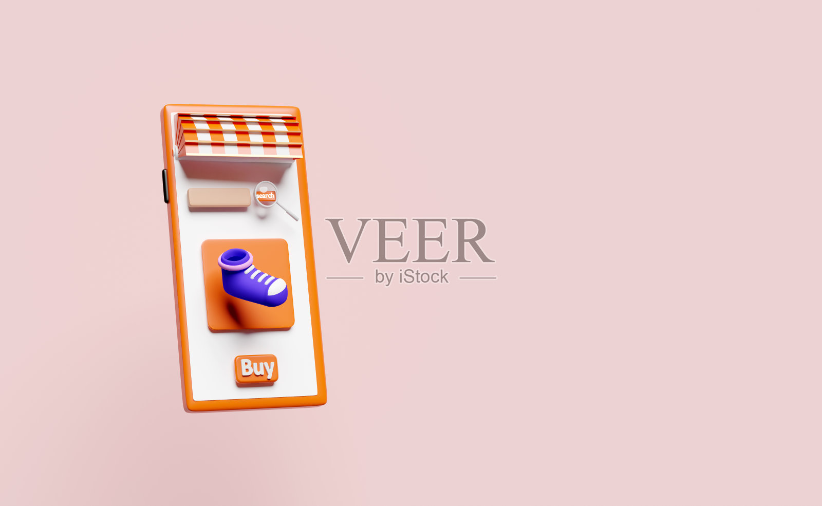 3d橙色手机，智能手机与商店正面，蓝色鞋子，购买标签标签，放大镜孤立在粉红色背景。网上购物，搜索数据概念，3d渲染插图照片摄影图片