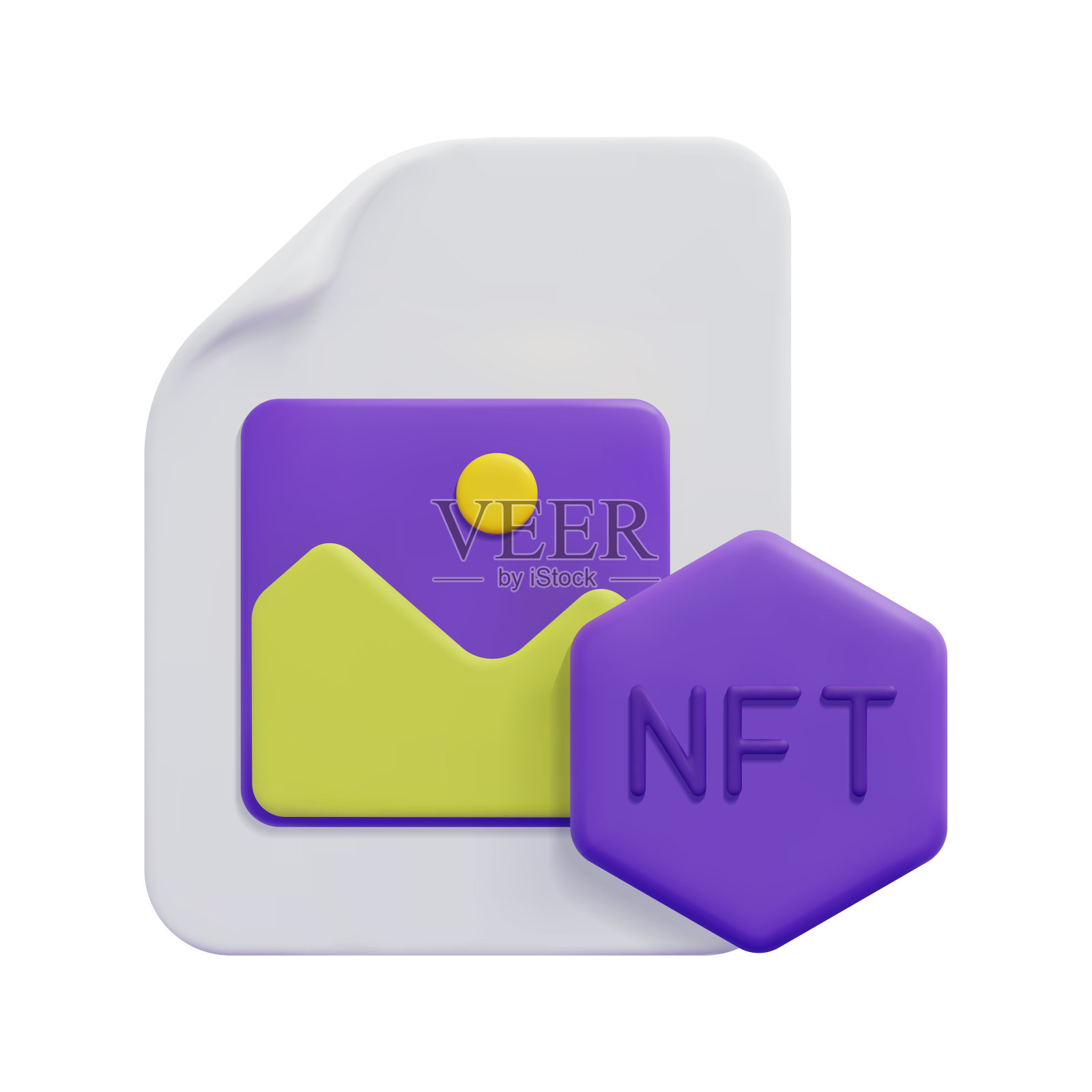 图片图标矢量的3d NFT。孤立在白色背景上。3d不可替代令牌和区块链技术概念。卡通简约风格。3d区块链图标矢量渲染插图。图标素材