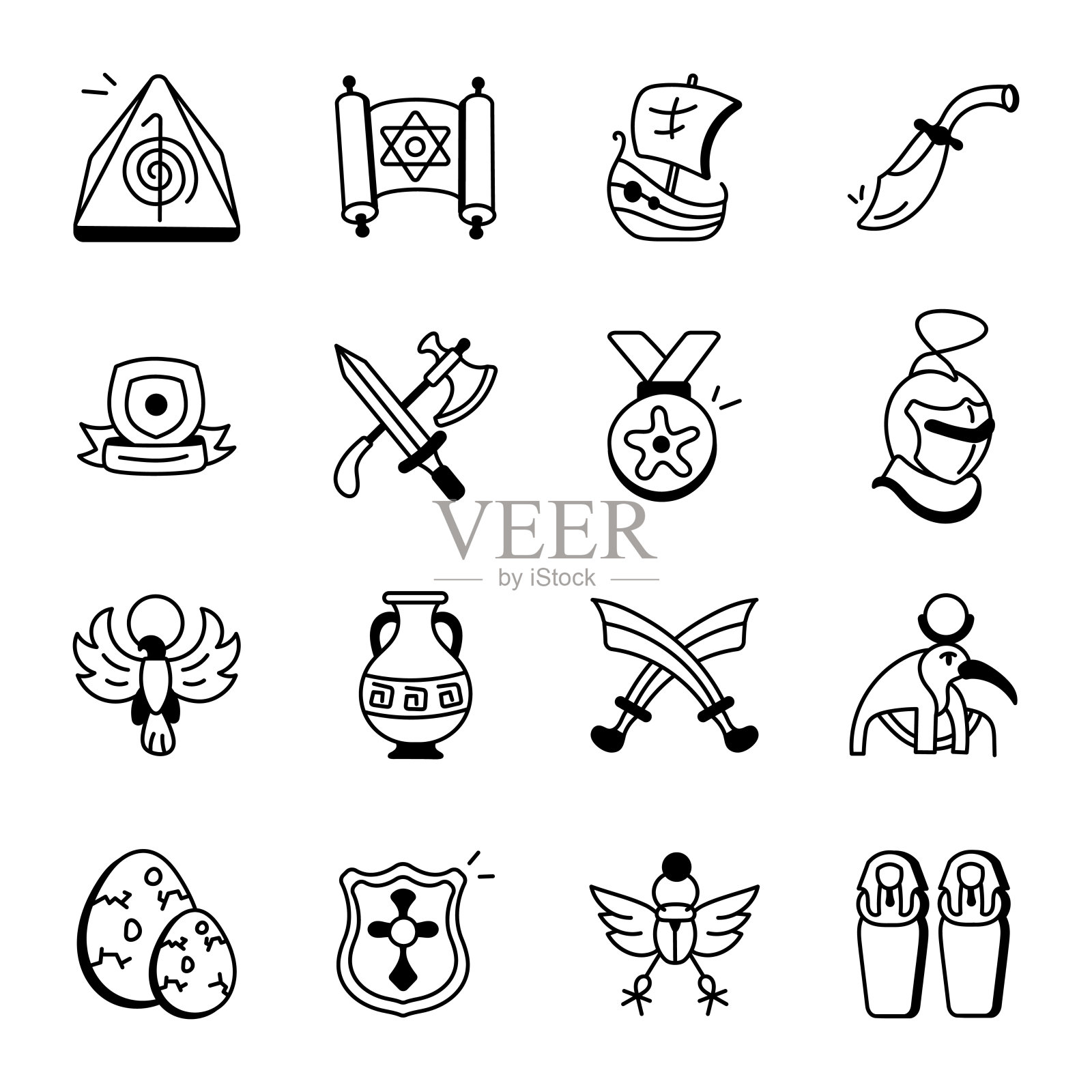 收集历史装备图标在素描风格插画图片素材