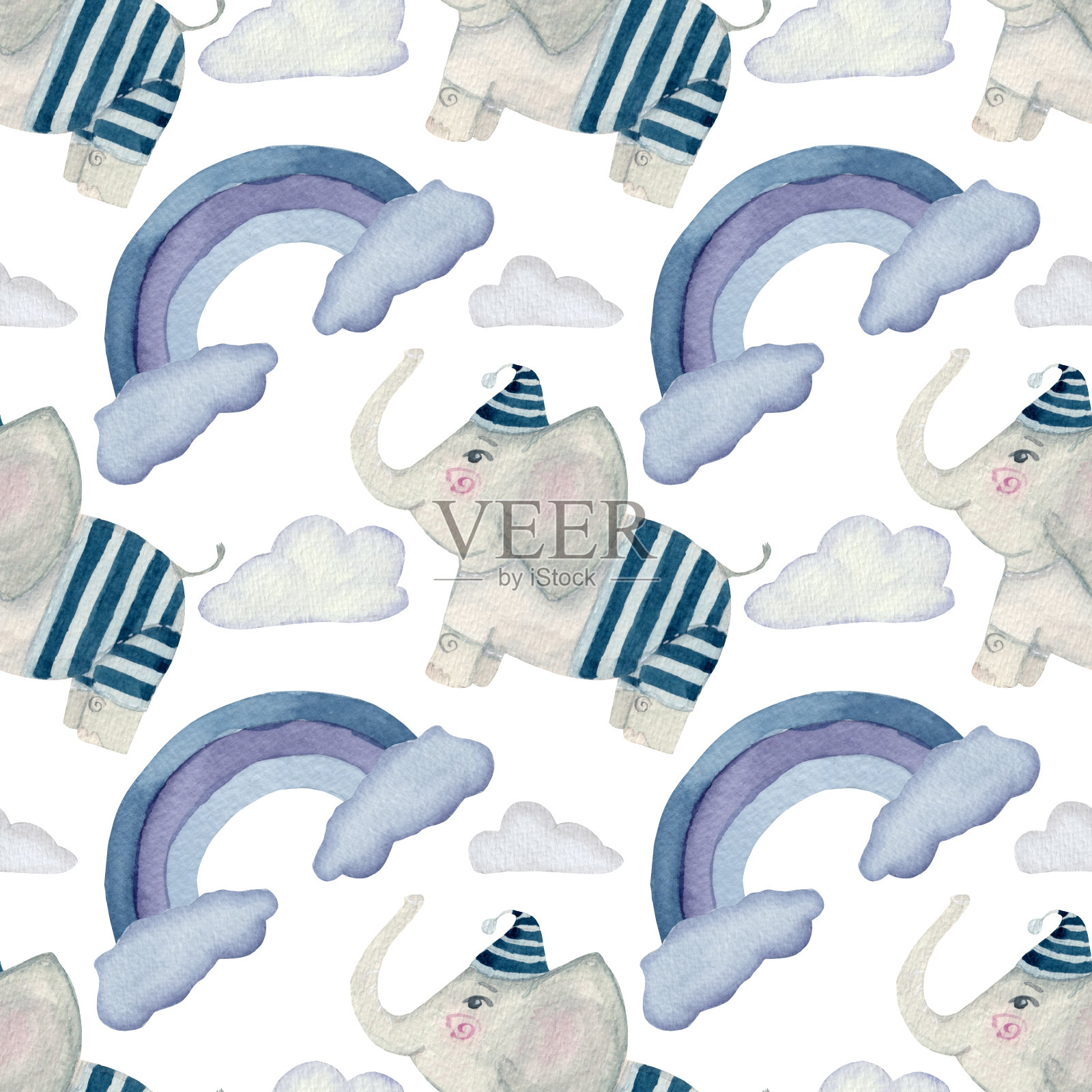 水彩图案与卡通大象，云和抽象彩虹在白色背景。插画图片素材