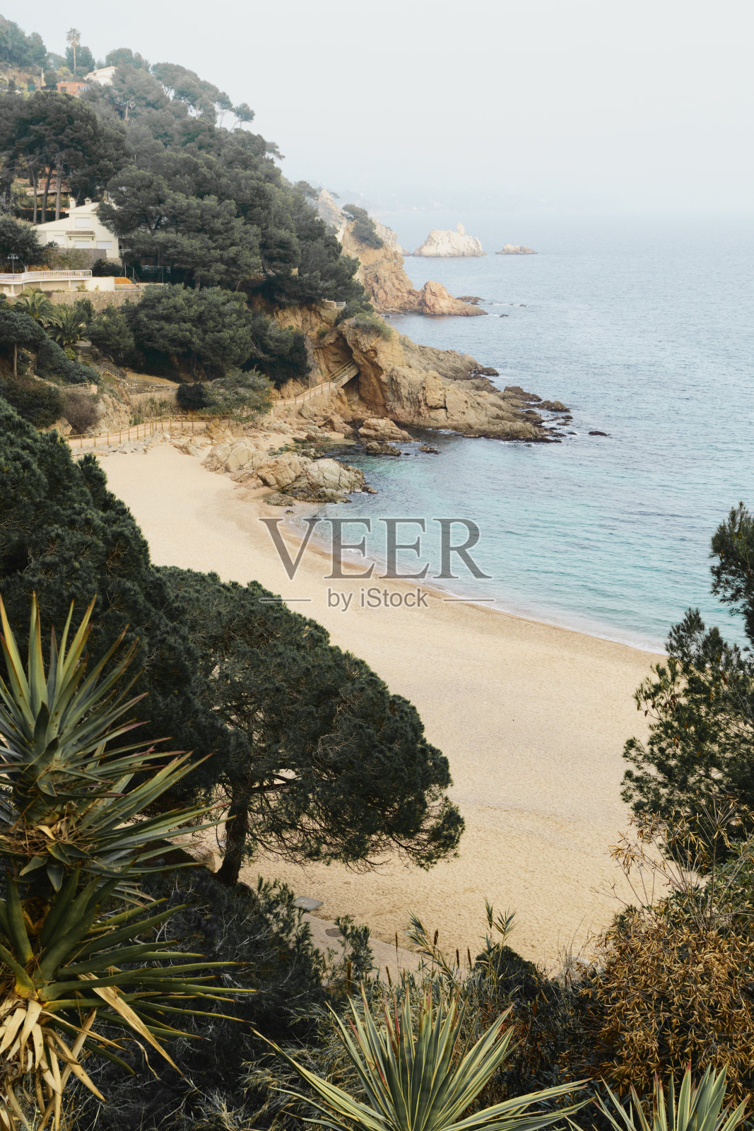 西班牙Lloret de Mar海岸的岩石全景。复制空间壁纸。照片摄影图片