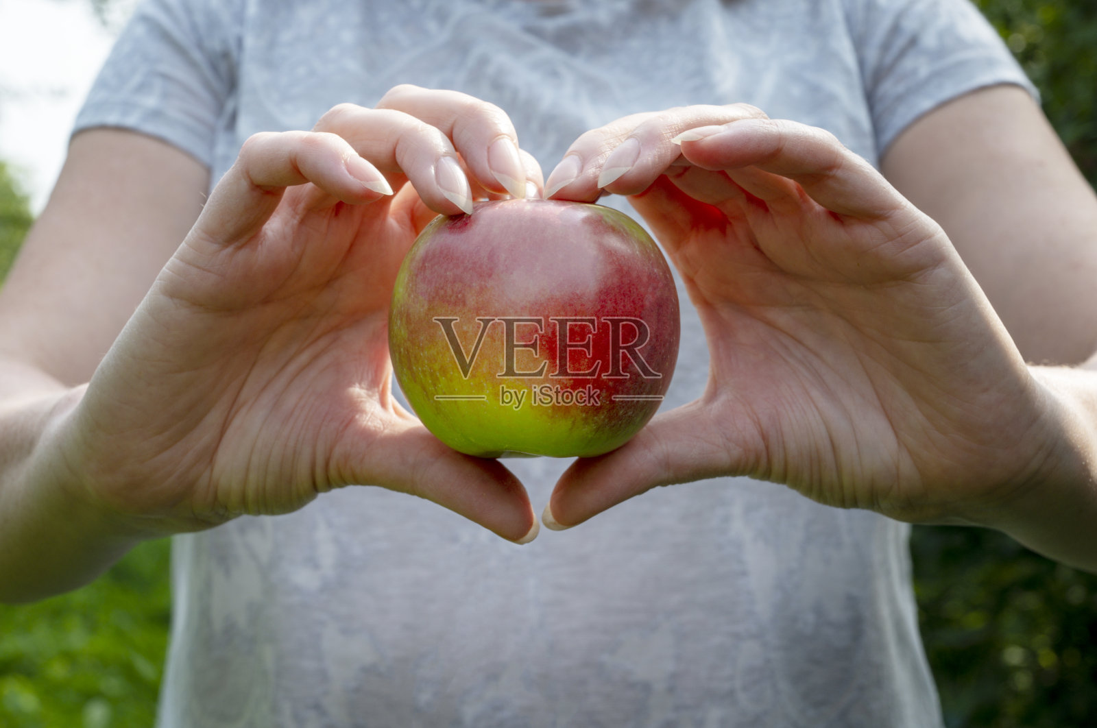 心从手中摘苹果。健康食品和纯素生活理念照片摄影图片