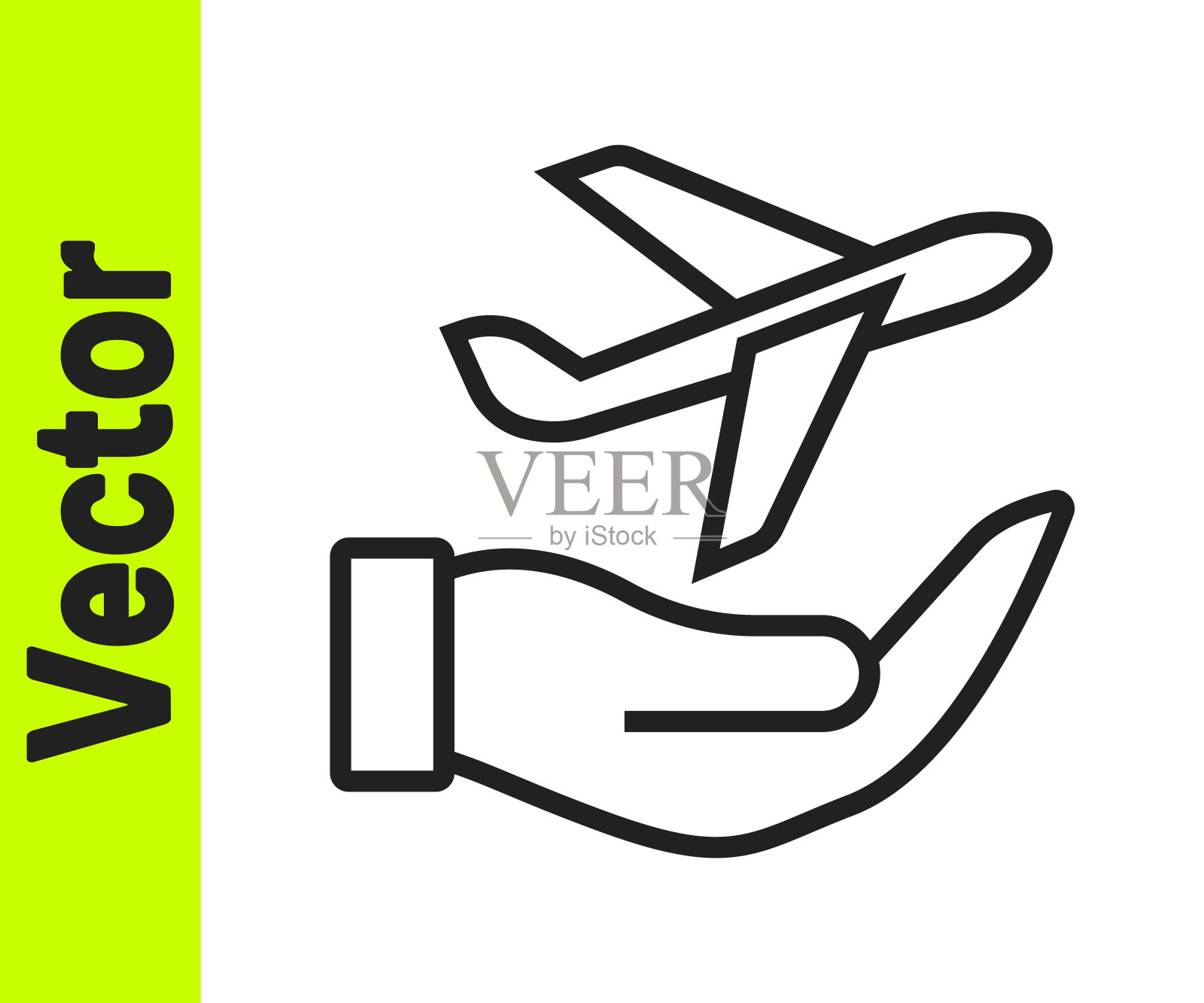 黑线手中的平面图标孤立在白色背景上。飞机飞行。飞机保险。安全、安全、保护、保护理念。向量插画图片素材