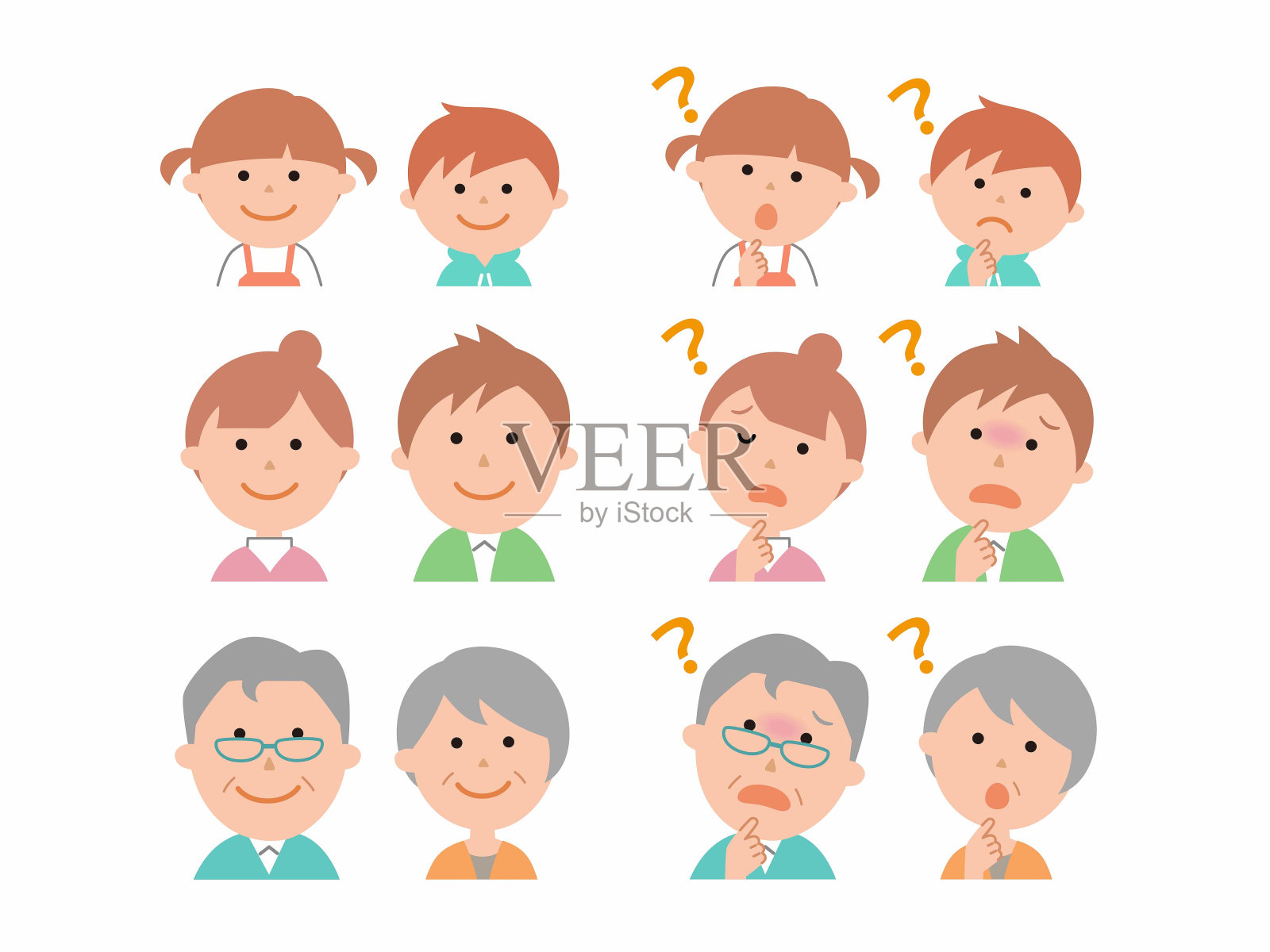 一家三代人的各种面部表情插画图片素材