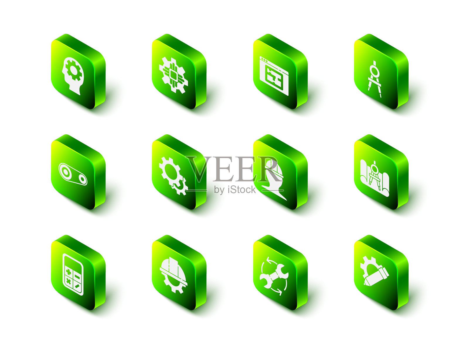 设置处理器，房屋平面图，绘图指南针，绘图纸和，铅笔齿轮，工人安全帽，扳手箭头工作流程和图标。向量图标素材