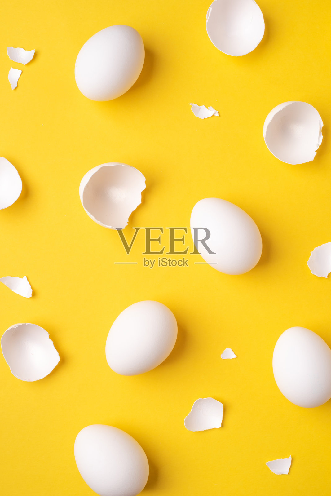 亮黄色背景上的白色复活节彩蛋和贝壳。照片摄影图片