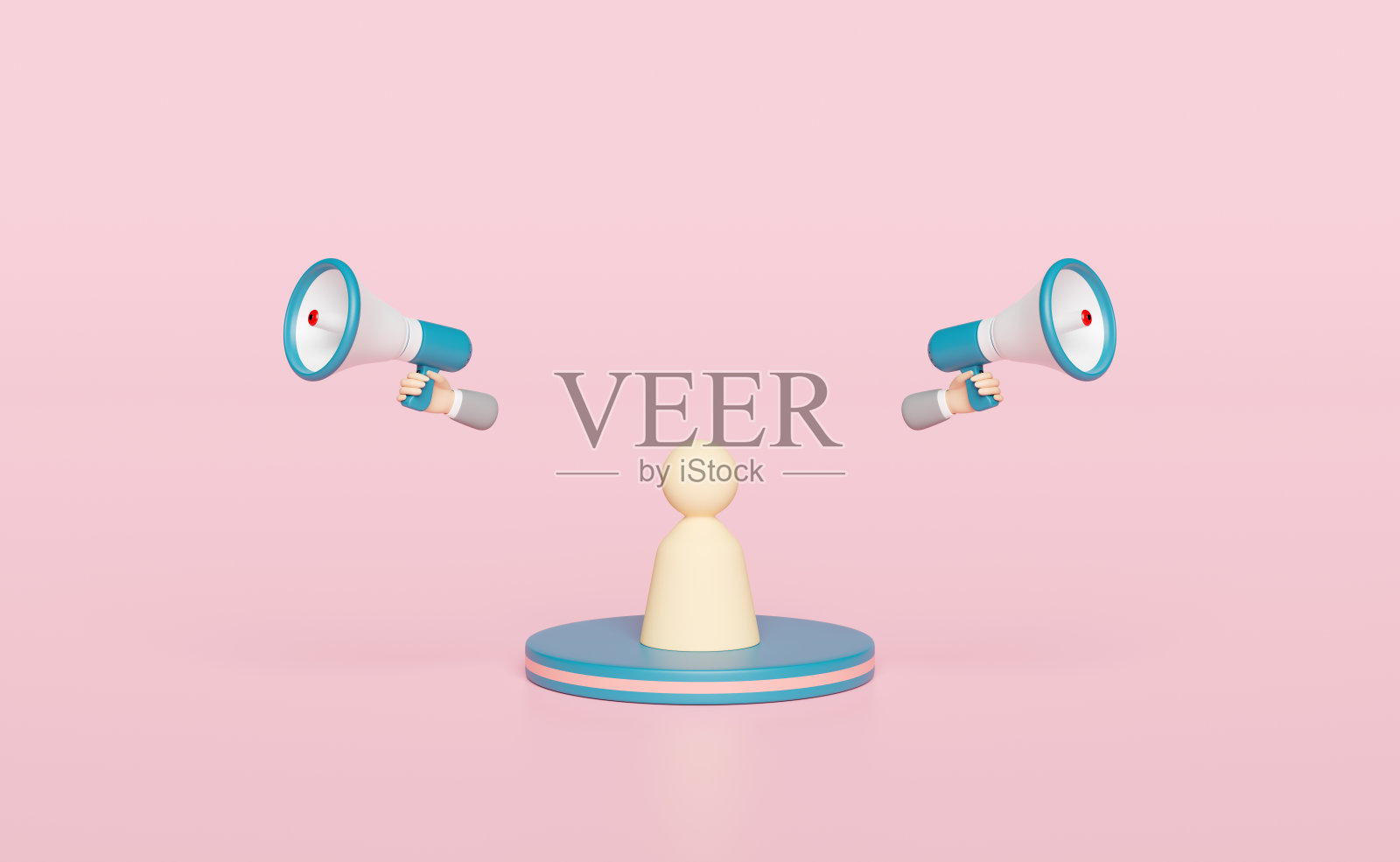木制人偶与蓝色讲台，商人手拿扩音器，手扬声器孤立在粉红色背景。招聘人员概念，3d插图，3d渲染照片摄影图片