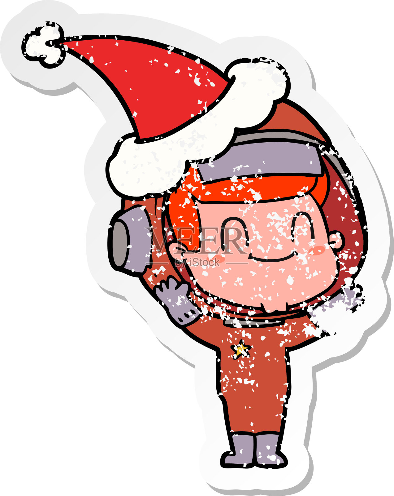 宇航员戴圣诞帽的手绘卡通贴纸设计元素图片