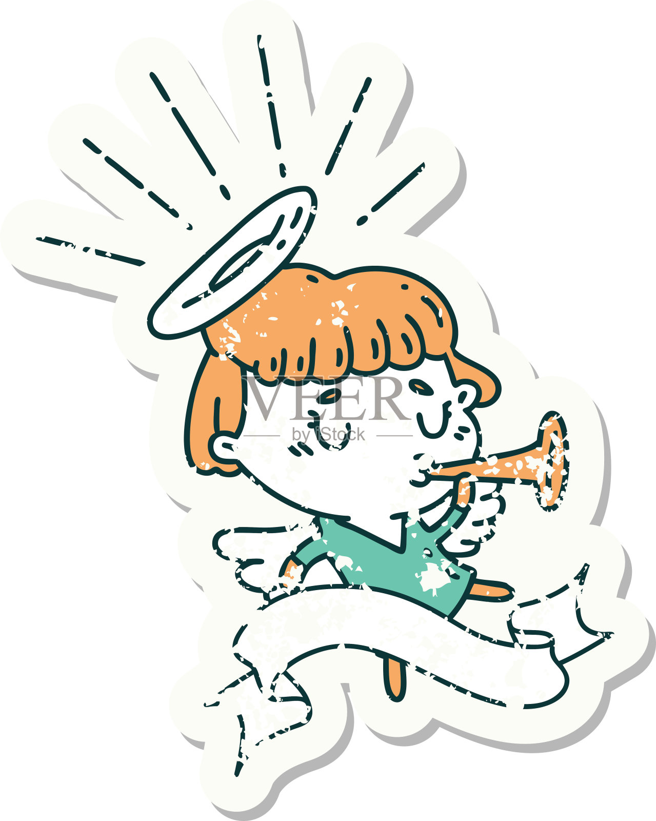 旧贴纸的纹身风格的天使吹小号设计元素图片