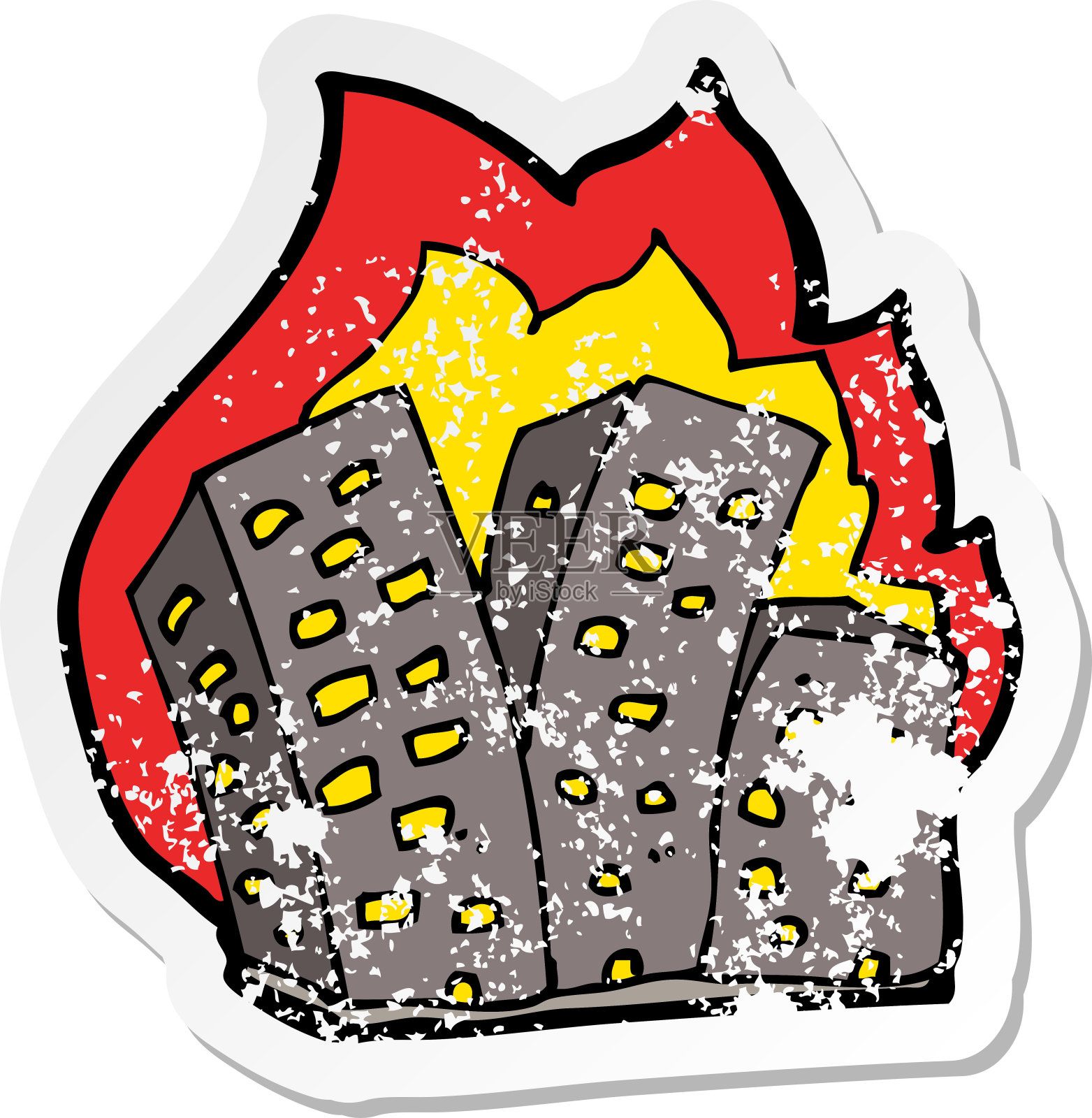 复古心疼贴纸的卡通燃烧的建筑物设计元素图片